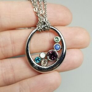 Vintage Lia Sophia Off Beat Silver Tone Pendant Necklace, Muti Color Rhinestones